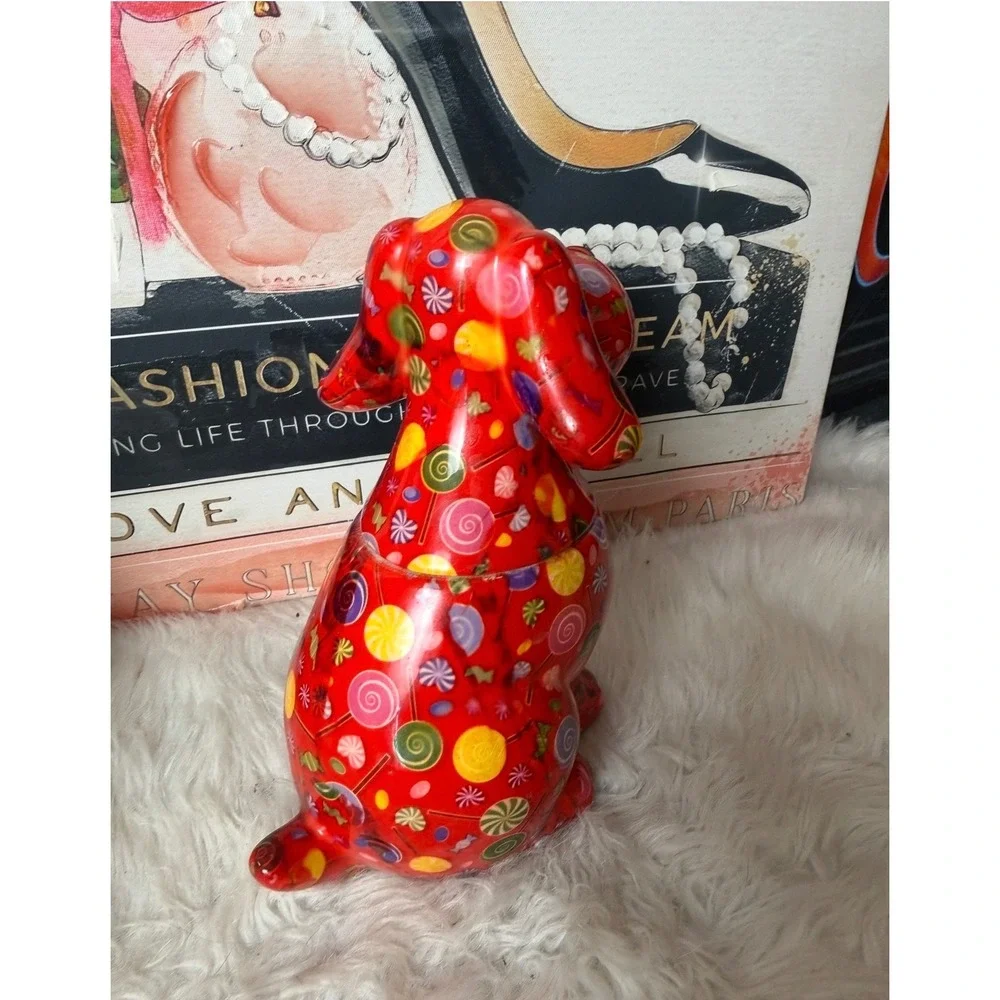 Red Candy Pattern Ceramic Dog Money Jar Treat Canister Whimsical Kitchen Decor